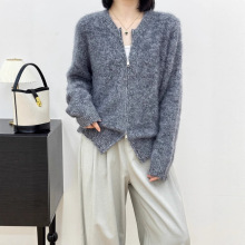 拉链慵懒针织秋冬羊毛开衫双毛衣外套宽松外搭女圆领拉毛加厚