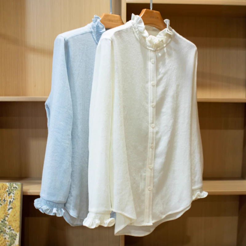 Newly Added Blue Color, Really a Surprise,~100% Wool Gentle Lace Stand-Up Collar Long-Sleeved Shirt Mp536 Newly Added Blue Color, Really a Surprise,~100% Wool Gentle Lace Stand-Up Collar Long-Sleeved Shirt Mp536