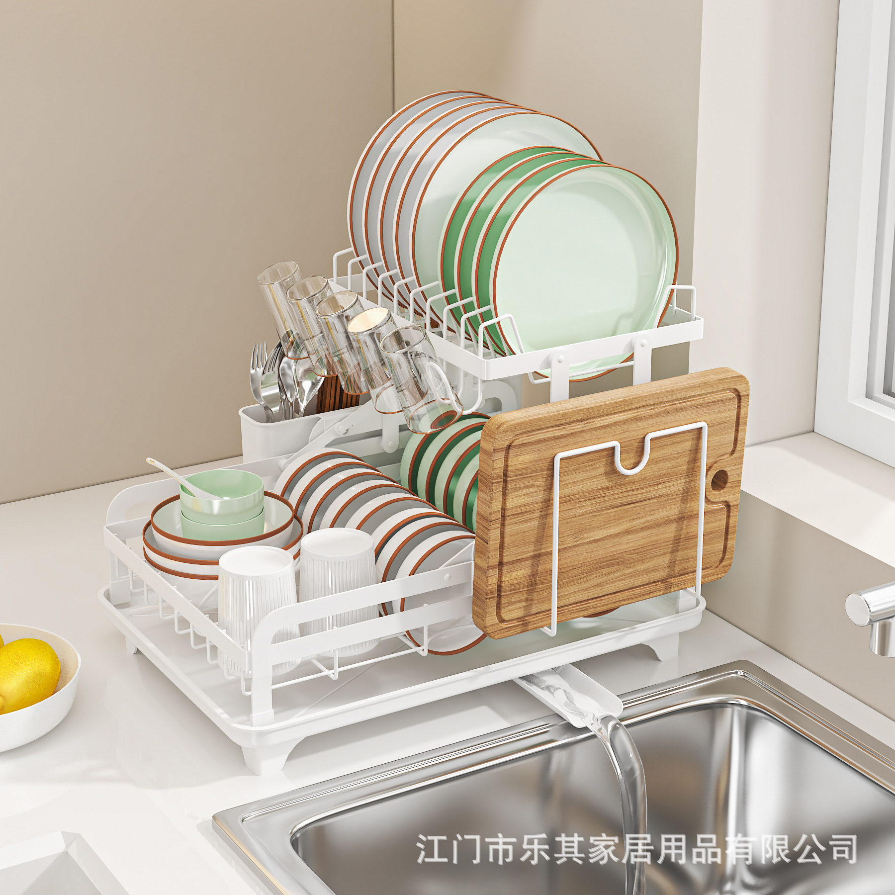 Instalación de encimera de cocina-estante de plato libre cuchillo y tenedor de doble capa taza de agua de almacenamiento de drenaje estante de almacenamiento de plato plegable