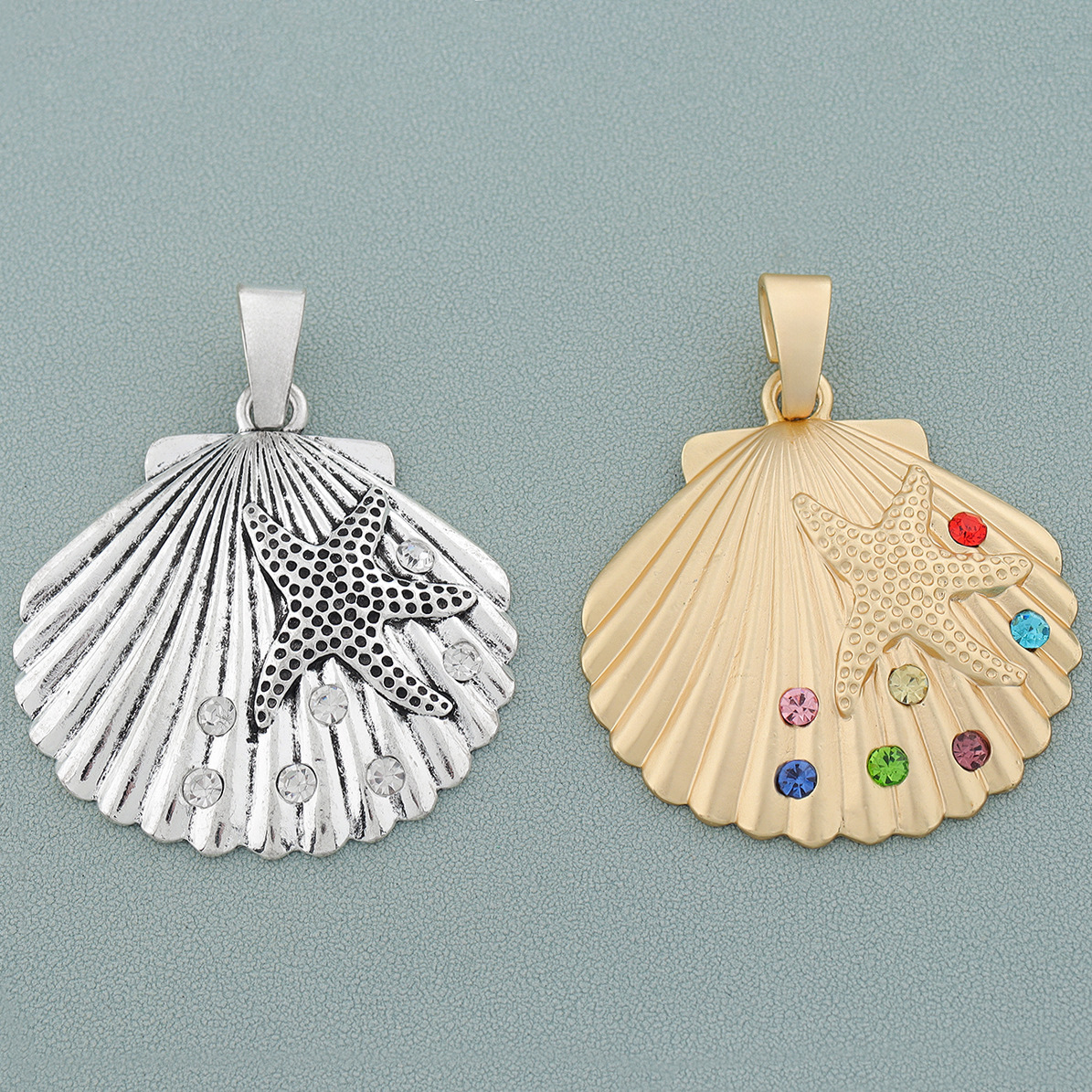 欧美流行海洋大贝壳扇贝海星镶钻项链吊坠DIY合金项链配件大挂件