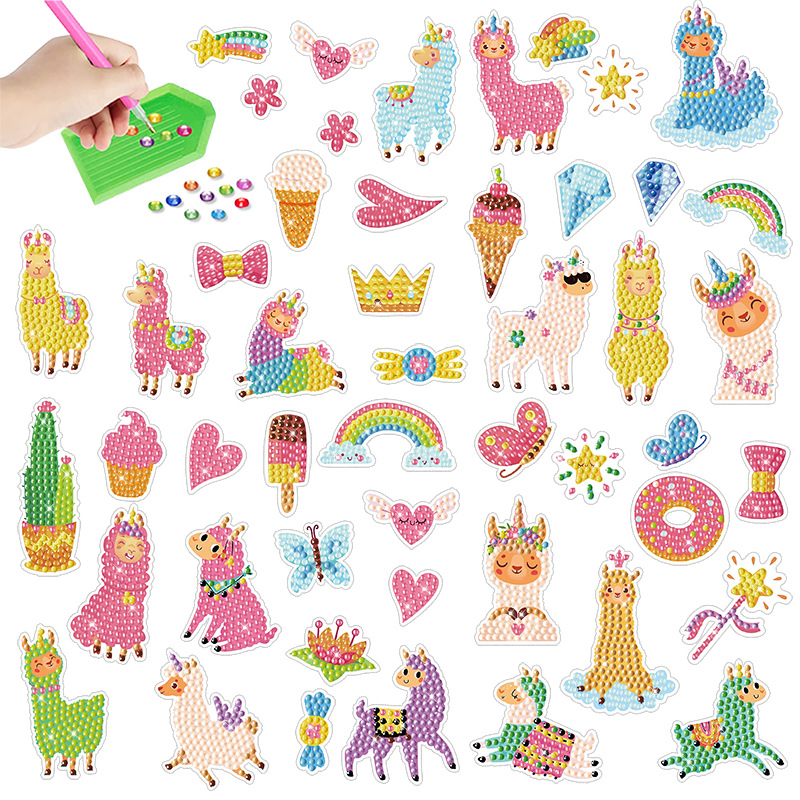 Venta caliente de dibujos animados alpaca diamante pintura gratis pegatinas DIY pegatinas ladrillo pintura pared pegatinas niños hechos a mano pegatinas ronda diamante