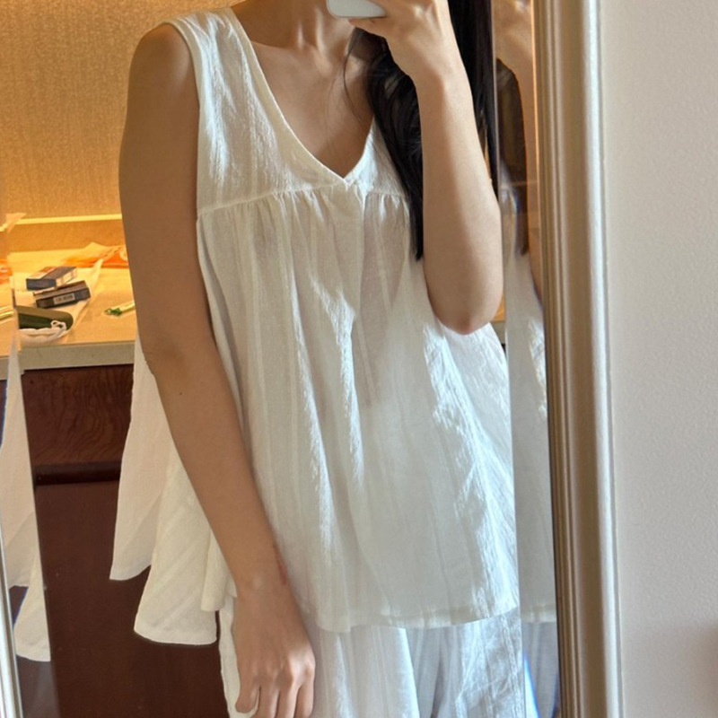 Summer Pure Cotton Jacquard Pajamas Two-Piece Casual Sleeveless V-Neck Shirt Loose Wide-Leg Shorts Home Clothes suit