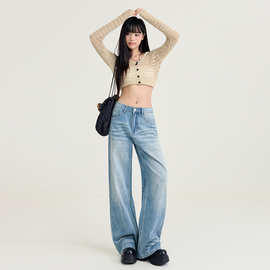 美式水洗浅蓝阔腿牛仔裤女2026年春季新款直筒宽松高腰显瘦拖地裤