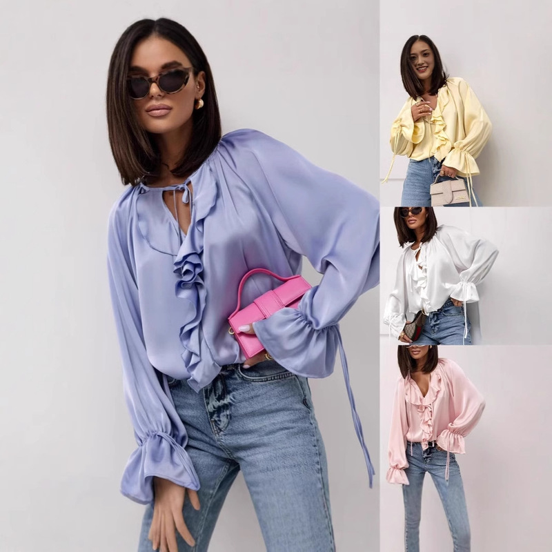 Cross-border Hot Spring and Summer Collar Lace-up Ruffled Shirt Loose Horn Sleeve Women's Shirt