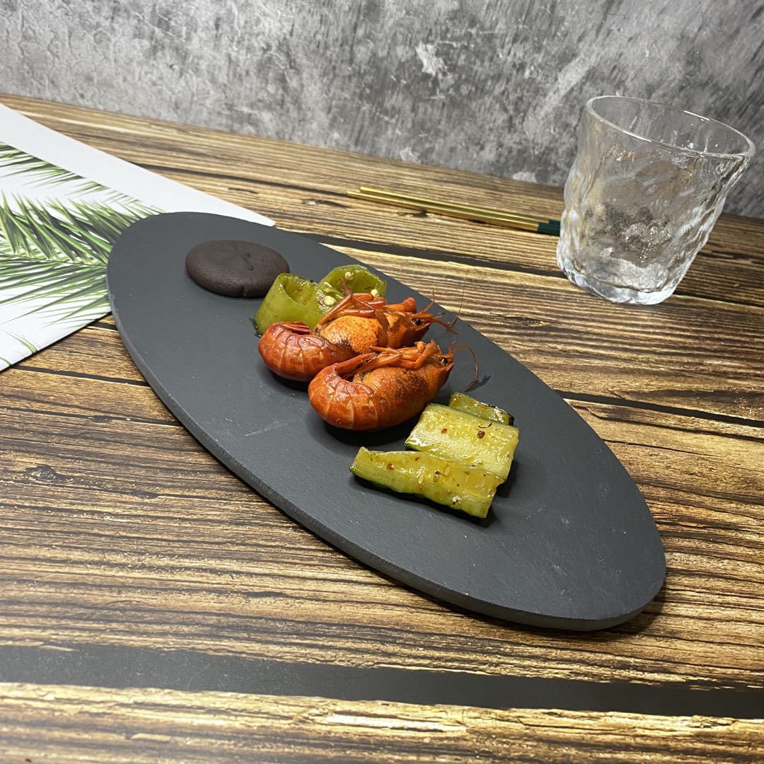 Estilo japonés y coreano retro forma ovalada Placa de roca de lujo ligero japonés sushi Placa de barbacoa plato de restaurante occidental plato de carne