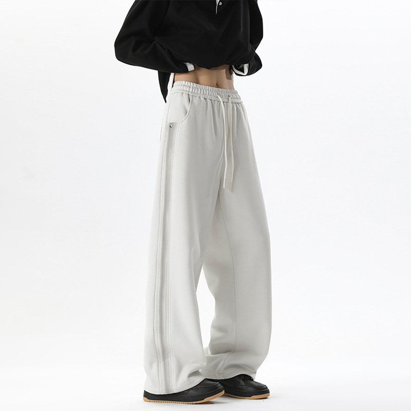 Black Curved Hem Air-layer Drawstring Sweatp For Men, Spring Cleanfit High Street Patchwork Striped Retro Wide-leg_voghion.com