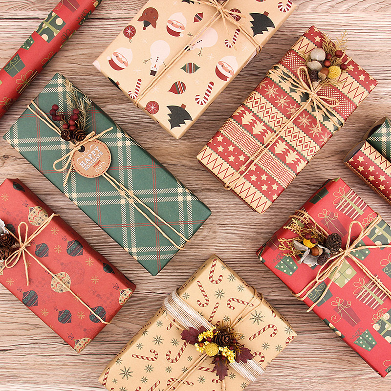 Papel de regalo estilo retro para regalos de Navidad, papel kraft, caja de regalo para fiestas, materiales de embalaje transfronterizos de nuevo estilo.