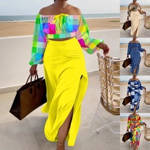 亚马逊速卖通2024秋季欧美女装爆款一字肩上衣开叉连衣裙两件套装