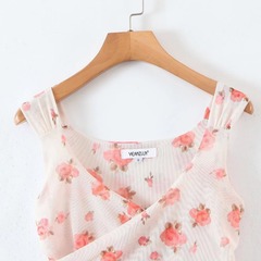 2022夏季新款歐美短款吊帶V領網紗印花修身小背心批發