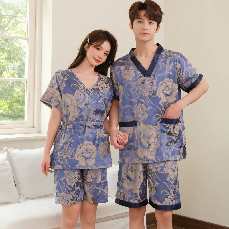 실크 땀 의류 레이스 업 카디건 남녀 목욕 의류 사우나 마사지 의류 발 마사지 의류 기모노 목욕 옷