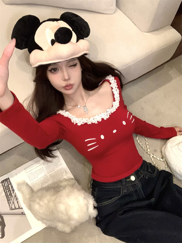 红色花边拼接u领长袖T恤女秋季可爱猫咪修身收腰甜辣紧身打底上衣|undefined
