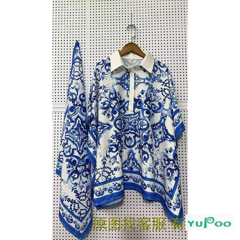 2026 Cross-border Women's Clothing Butterfly Print Square Collar Pullover Shirt Versatile Loose Top + Silk Scarf Batwing Sleeves 2026 Cross-border Women's Clothing Butterfly Print Square Collar Pullover Shirt Versatile Loose Top + Silk Scarf Batwing Sleeves
