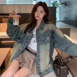 港风POLO领宽松休闲牛仔外套女春季洋气黄泥水洗做旧夹克开衫上衣