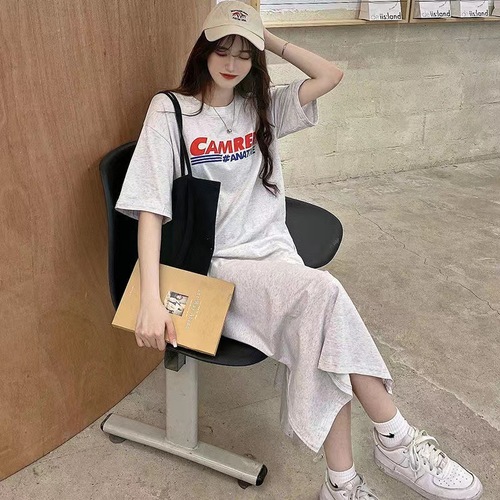 2025 Summer New Korean Slit Letter Print Knee-Length Loose Plus Size Short-Sleeve T-Shirt Dress for Women