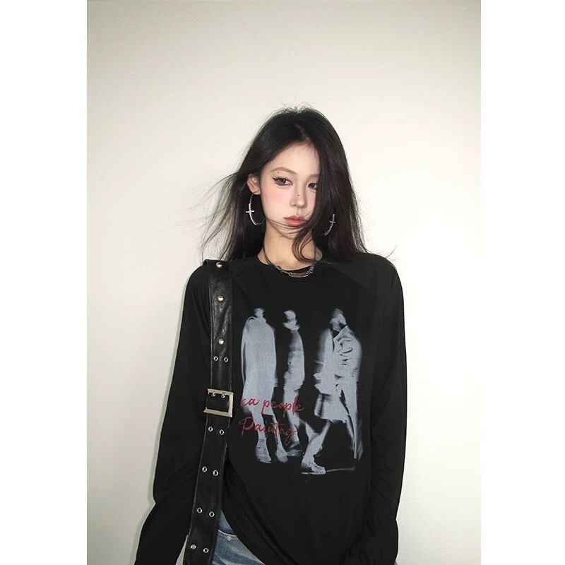 Korean Style New Trendy Black and White Portrait Pattern Sun Protection Clothing, Summer Lightweight Lazy Style Round Neck T-Shirt Women's Top