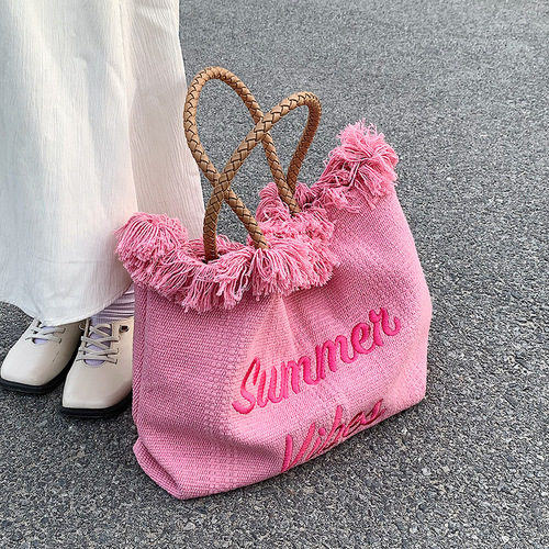 Large-capacity bag women's pink printed canvas bag simple and versatile handbag temperament commuter shoulder tote bag