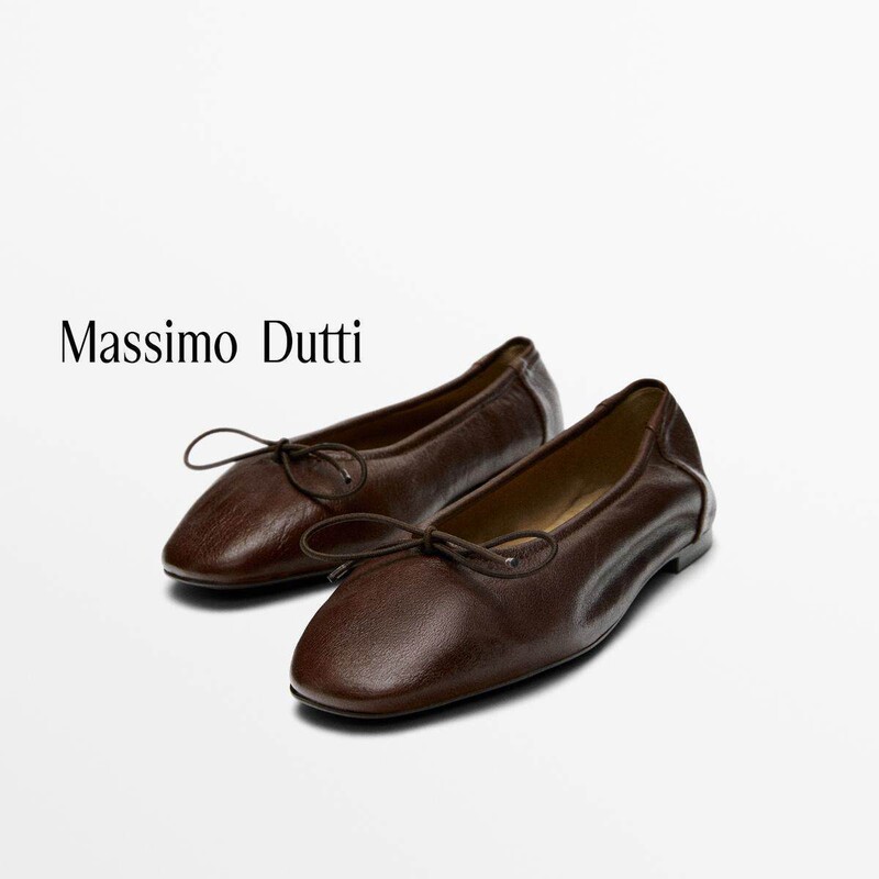 Massimo Dutti Women's Shoes 2026 Spring and Summer New Style Brown Retro Simple Pleated Bow Ballet Shoes