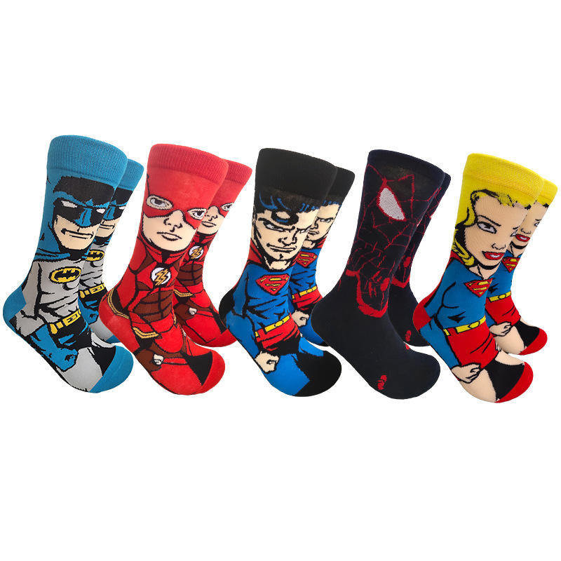 Mid-calf cotton socks with cartoon anime designs for men and women, featuring Batman, The Flash, Superman, Spider-Man, and Supergirl, trendy socks suitable for all seasons Mid-calf cotton socks with cartoon anime designs for men and women, featuring Batman, The Flash, Superman, Spider-Man, and Supergirl, trendy socks suitable for all seasons