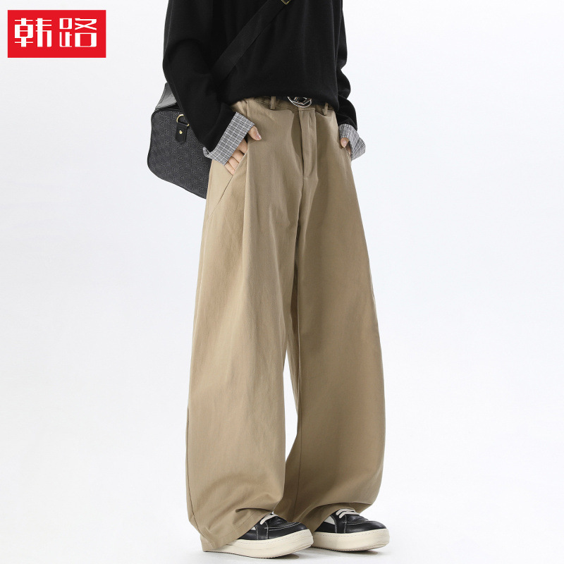 Split-Style Pure Cotton Casual Pants, Spring Edition, High Street Fashion Brand, Khaki Workwear Pants, Simple Loose Fit, Curved Long Pants
