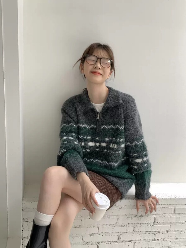 复古费尔岛半拉链翻领套头毛衣女2025秋冬新款韩系宽松软糯针织衫|undefined