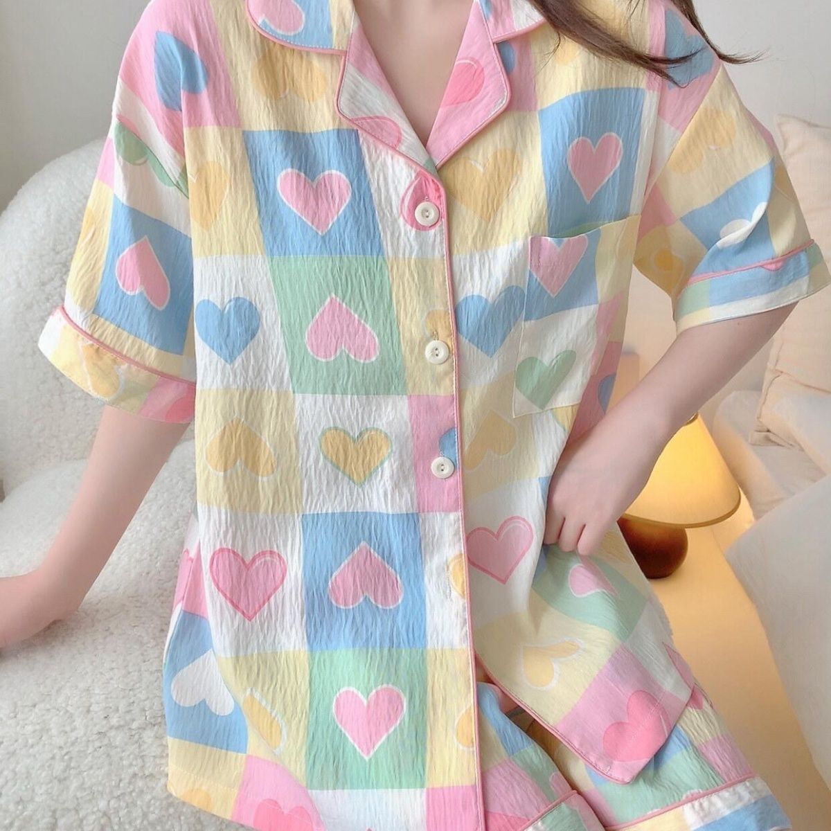 Verano nueva nube de algodón pareja pijama de niñas suelta delgasa dos piezas de juego grande se puede usar ropa de casa