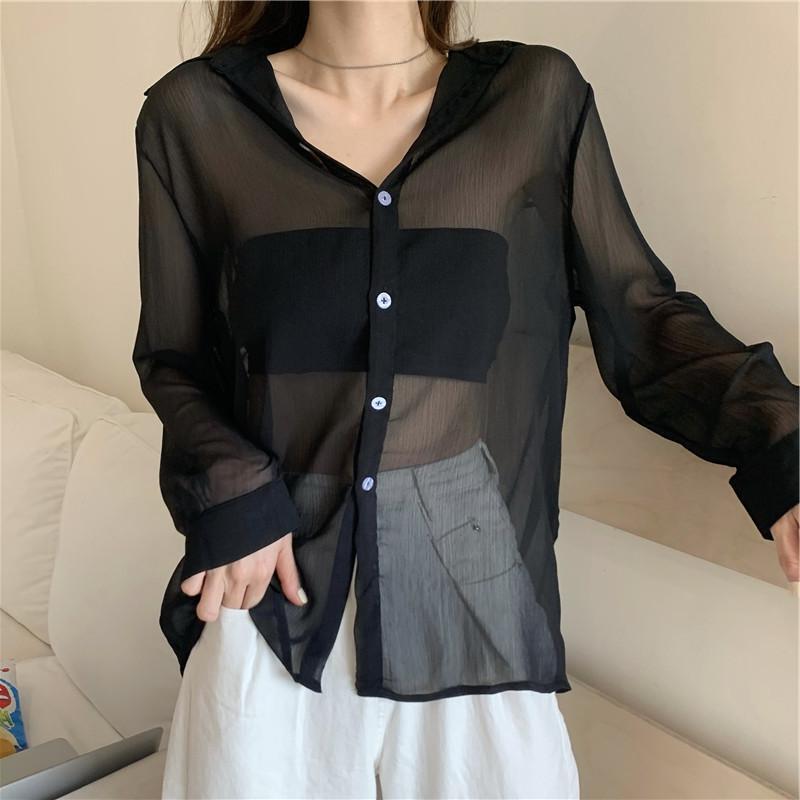 Black Shirt Thin Chiffon Sunscreen Shirt Women's 2024 Summer New plus size chubby girl Loose Dose Transparent Top