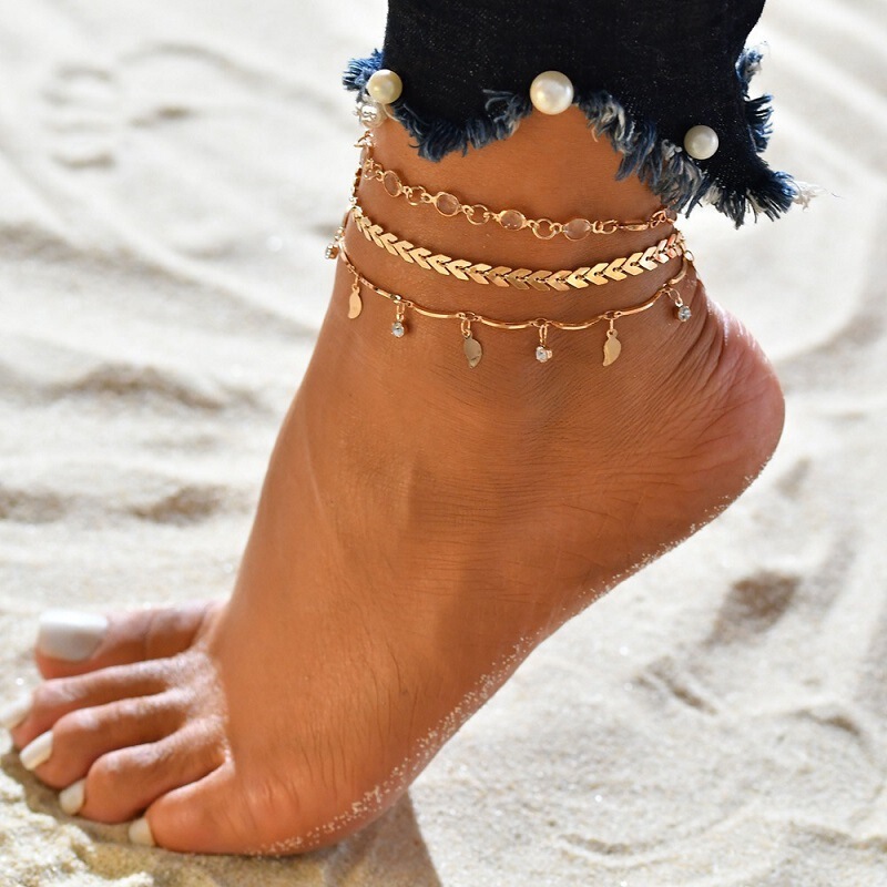 European and American Foreign Trade New Leg Chain Beach Multi-layer Anklet Women's High-grade Glass Glossy Leaves Zircon Anklet Set European and American Foreign Trade New Leg Chain Beach Multi-layer Anklet Women's High-grade Glass Glossy Leaves Zircon Anklet Set