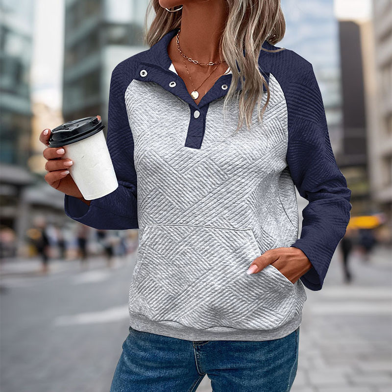Women's Clothing autumn hot sale new contrast color stitching sweatshirt texture casual comfortable V neck stand collar sweatshirt for women_voghion.com