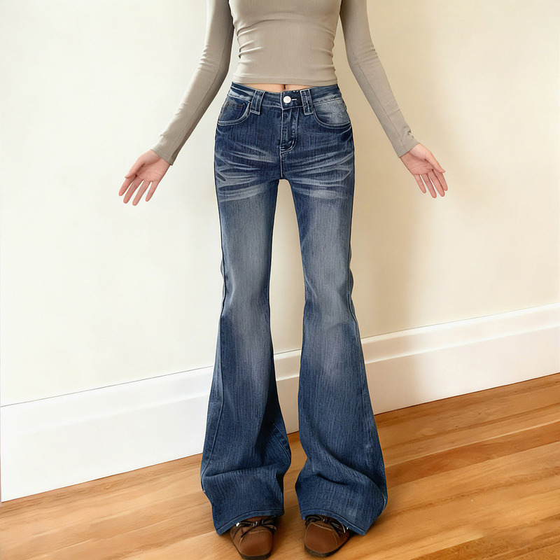 Vintage Washed Denim Jeans for Commuting, Fashionable Women's Low-Waist Slim-Fit Flared Pants