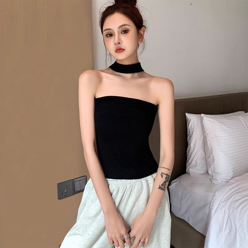 2025 Summer New Style Elegant Neck Shoulder Black Vest Women's Spice Girl Style Sleeveless Base Tube Top Trendy 2025 Summer New Style Elegant Neck Shoulder Black Vest Women's Spice Girl Style Sleeveless Base Tube Top Trendy