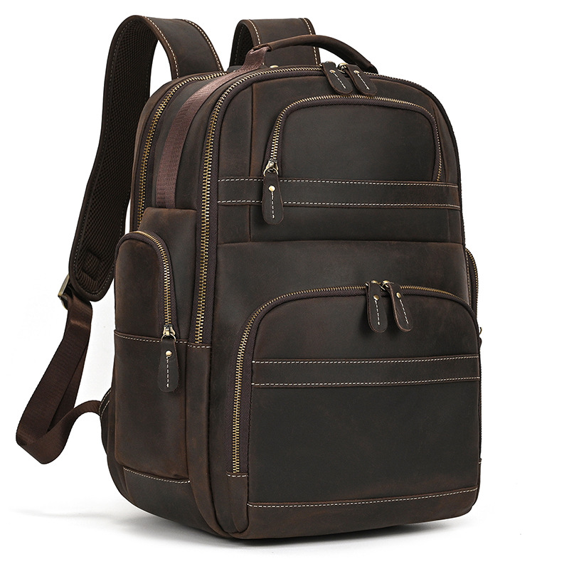 Large Capacity Genuine Leather Backpack with USB Retro Crazy Horse Cowhide Rucksack Men's Large Casual Travel Bag