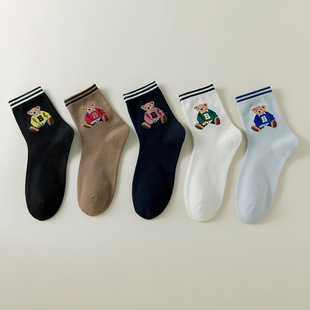 Cross-border socks women 24 autumn new trend two-bar cartoon big B bear socks sweat-absorbent breathable socks wholesale