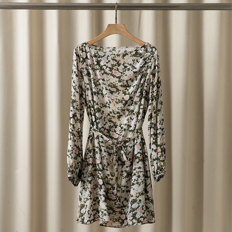 Nanyou Women's Max New Fresh Color Printing Mulberry Silk Collar Loose Silk dress