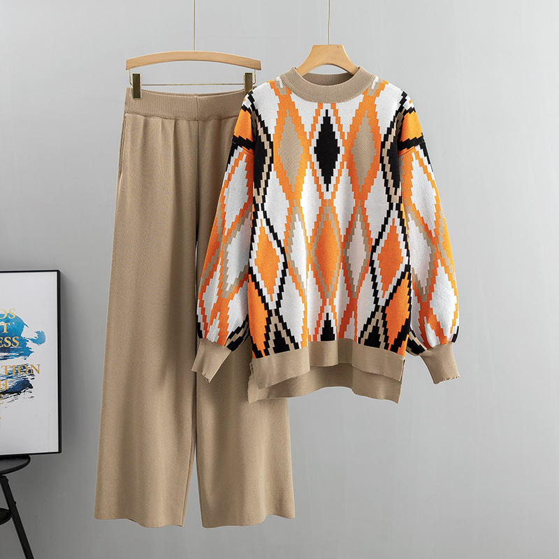 欧美外贸跨境运动休闲套装女秋冬季时尚宽松大码毛衣阔腿裤两件套