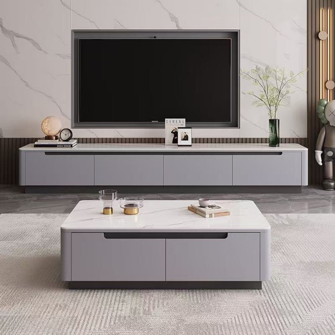 Foshan All Solid Wood Light Luxury Slate Coffee Table Tv Cabinet Combination Home Living Room Small Apartment Storage Floor Cabinet