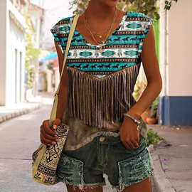 Temu tiktok 平台爆款 欧美V领嬉皮士数码印花短袖T恤