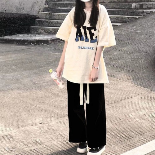 Summer Short Sleeve Set for Women Students, Korean Style Loose + Casual Straight Leg Pants, Fashion Two-Piece Set Trendy