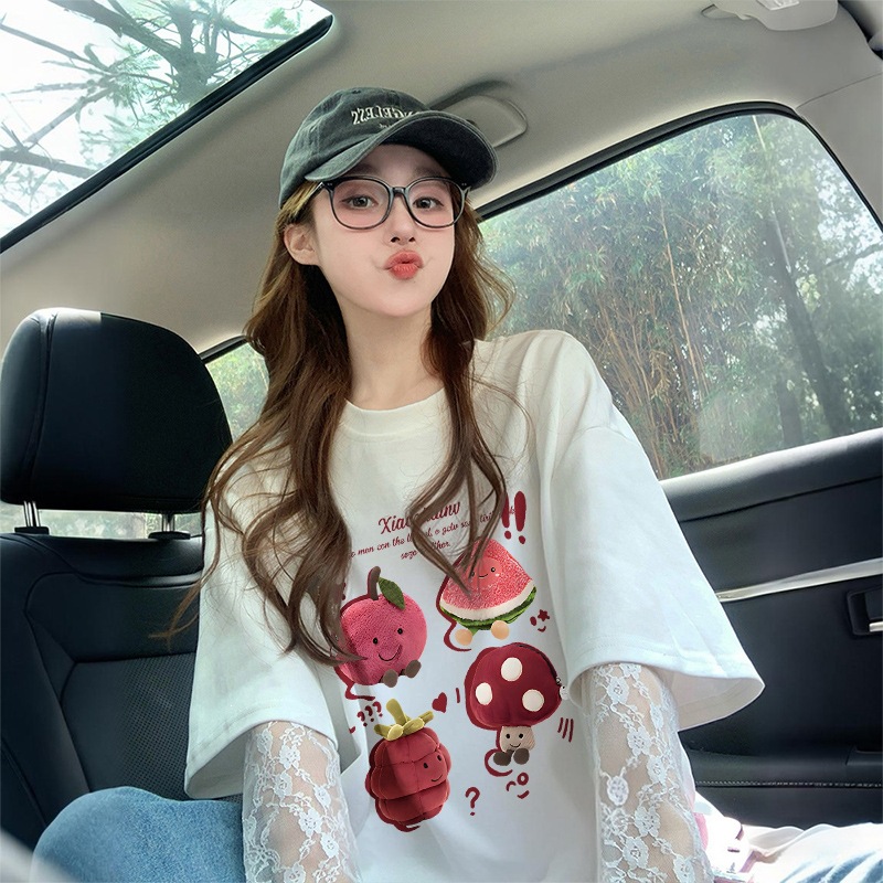 2026纯棉蕾丝拼接防晒t恤女高级感蝴蝶印花假两件宽松遮肚子上衣