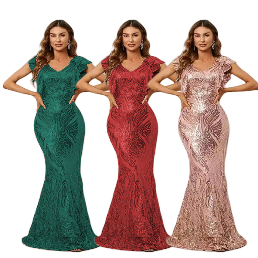 Special Offer Supply European and American Fashion Sexy Sequin Long Skirt Pure Color Elegant Luxury Wedding Prom Party Dress