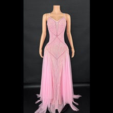 欧美跨境外贸珍珠满钻吊带网纱拖尾礼服明星选美走秀晚礼服