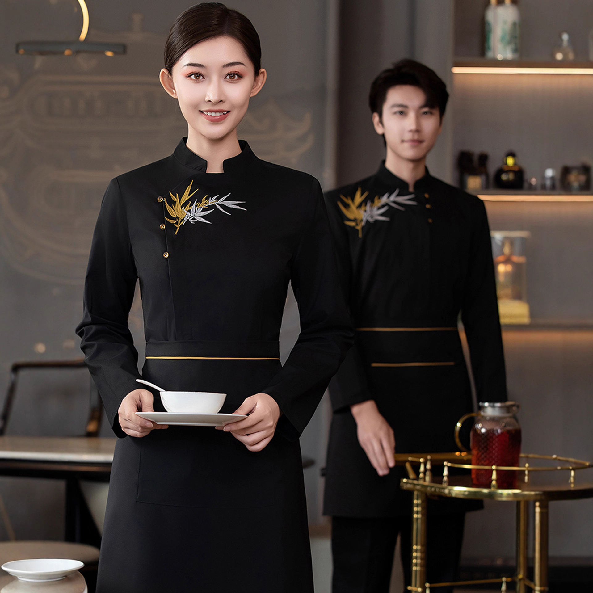 餐饮快餐店服务员工作服长袖酒楼中餐厅火锅饭店茶社秋冬工装印字