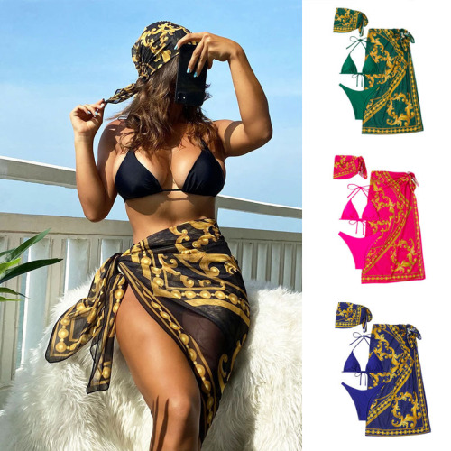 2024 New AliExpress Retro Printed Lace-up Sexy Bikini Swimsuit European and American Mesh Three-piece Swimsuit