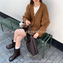 韩版V领厚中长款针织开衫上衣秋冬新款软糯保暖慵懒风毛衣女外套