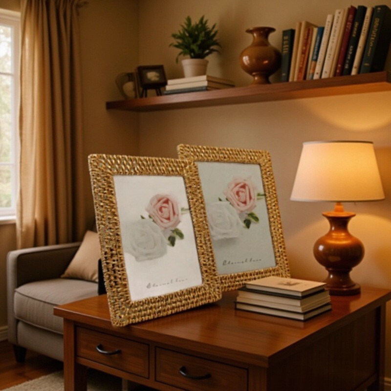Woven Pattern Light Gold Metal Fashion European Style Photo Frame Table, Simple and Luxurious Metal Photo Frame Home Decoration Woven Pattern Light Gold Metal Fashion European Style Photo Frame Table, Simple and Luxurious Metal Photo Frame Home Decoration