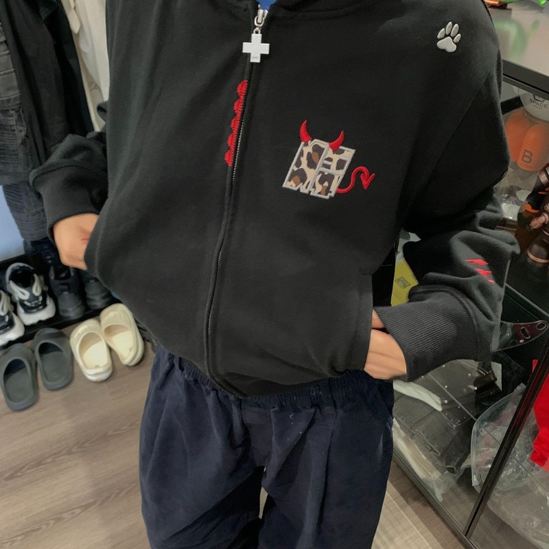 美式复古小恶魔豹纹连帽卫衣外套女秋季辣妹慵懒宽松运动上衣开衫|undefined