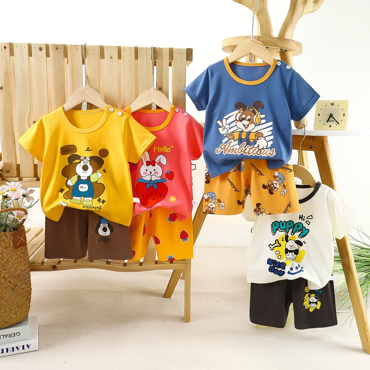 Детский комплект с короткими рукавами Летняя хлопчатобумажная одежда для мальчиков тонкая новая футболка для девочек летняя детская одежда