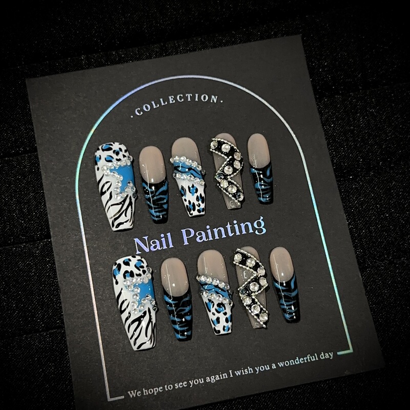Purely Handmade Wearable Nails, High-End Blue Leopard Print Long Nail Pieces, European and American Style Rhinestone Hand-Painted French False Nail Tips