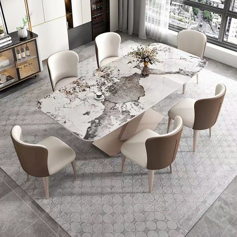 岩板餐桌家餐椅意式轻奢亮光岩板餐桌椅组合饭桌家用小户型长方形