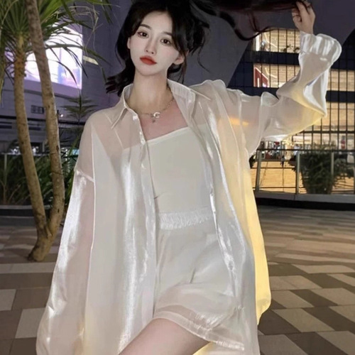 Women's Pearlescent Sunscreen Shirt 2025 New Thin Sheer Ethereal Unique Cardigan Chiffon Top