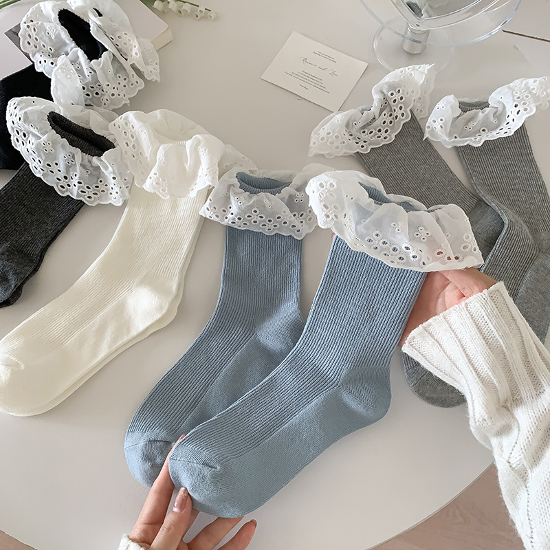 Prussian Blue Lace Socks Y2K Socks for Women Korean Girls Sweet Double-Needle Socks Ruffled Pile Socks Japanese Style Niche Prussian Blue Lace Socks Y2K Socks for Women Korean Girls Sweet Double-Needle Socks Ruffled Pile Socks Japanese Style Niche